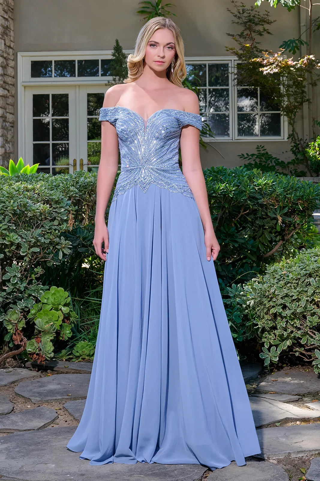 Off Shoulder Straps V Neckline Bejeweled Bodice Chiffon Skirt A Line Zipper Dress-3