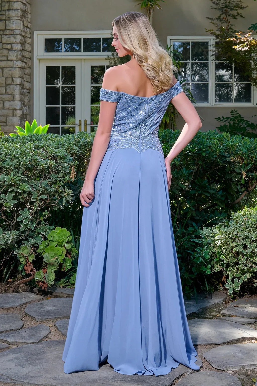 Off Shoulder Straps V Neckline Bejeweled Bodice Chiffon Skirt A Line Zipper Dress-4