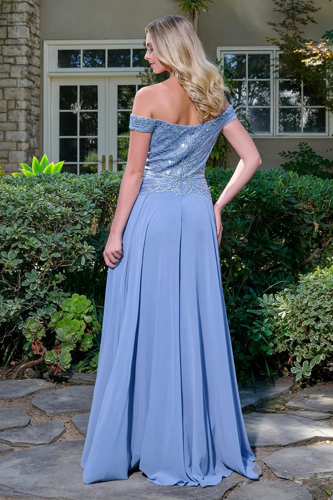 Off Shoulder Straps V Neckline Bejeweled Bodice Chiffon Skirt A Line Zipper Dress-4
