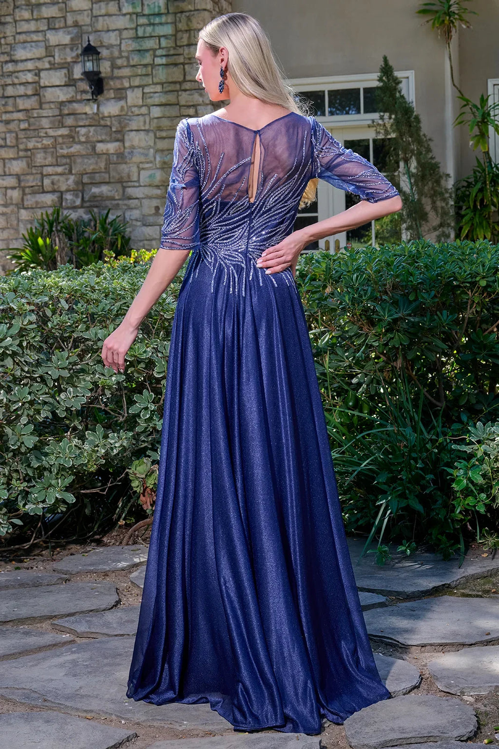 2 Sleeves V Neckline Mesh Bodice Metallic Jersey Skirt Keyhole Zipper Back A Line Dress-1