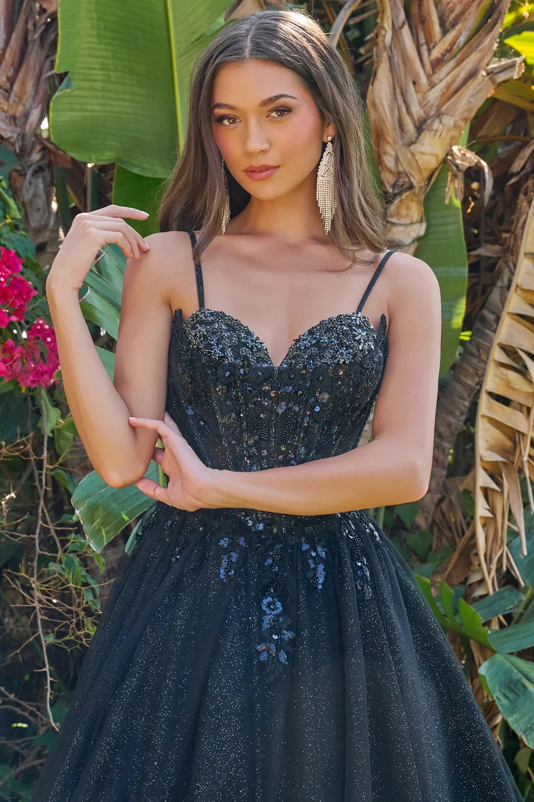 Spaghetti Straps V Neckline Zipper Back A Line Glitter Underlayer Dress With Corset Cover Layer-2