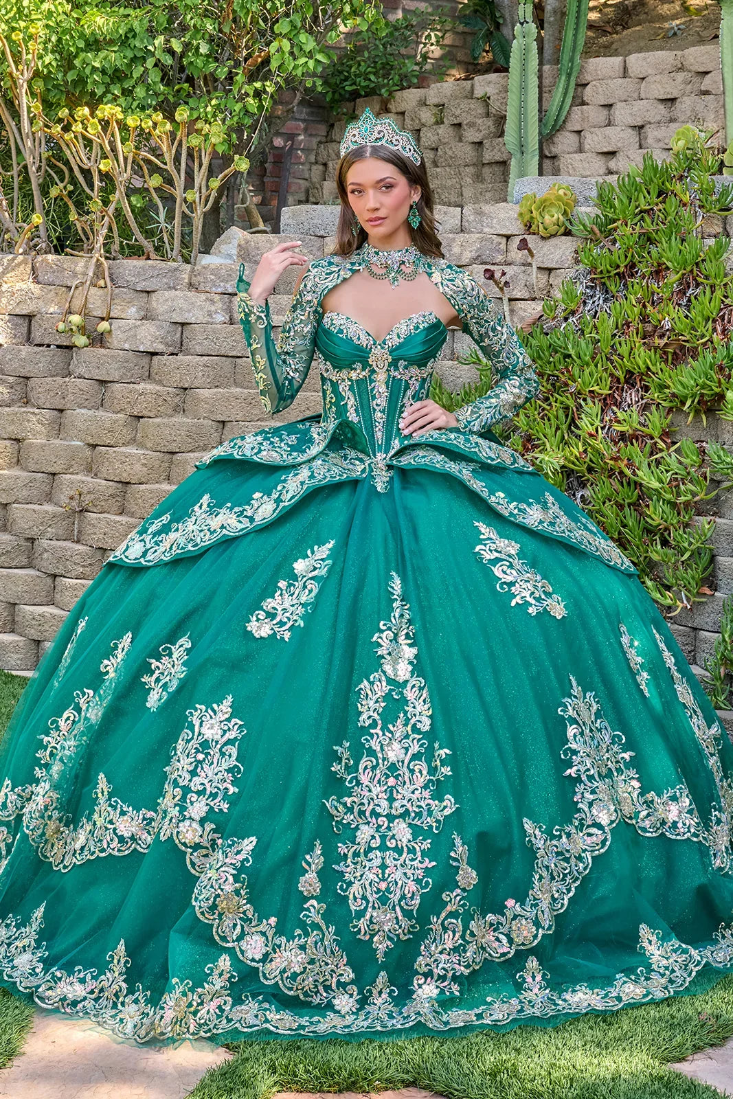 Strapless Pleated Bust Layered Overskirt Train Gown With Detachable Bow And Matching Bolero-0