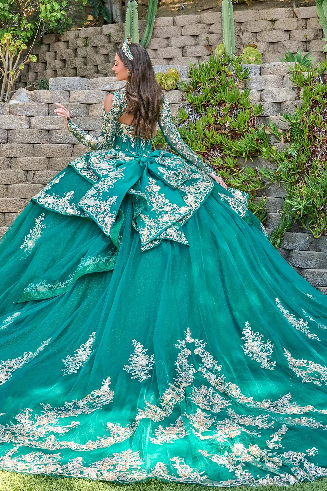 Strapless Pleated Bust Layered Overskirt Train Gown With Detachable Bow And Matching Bolero-1