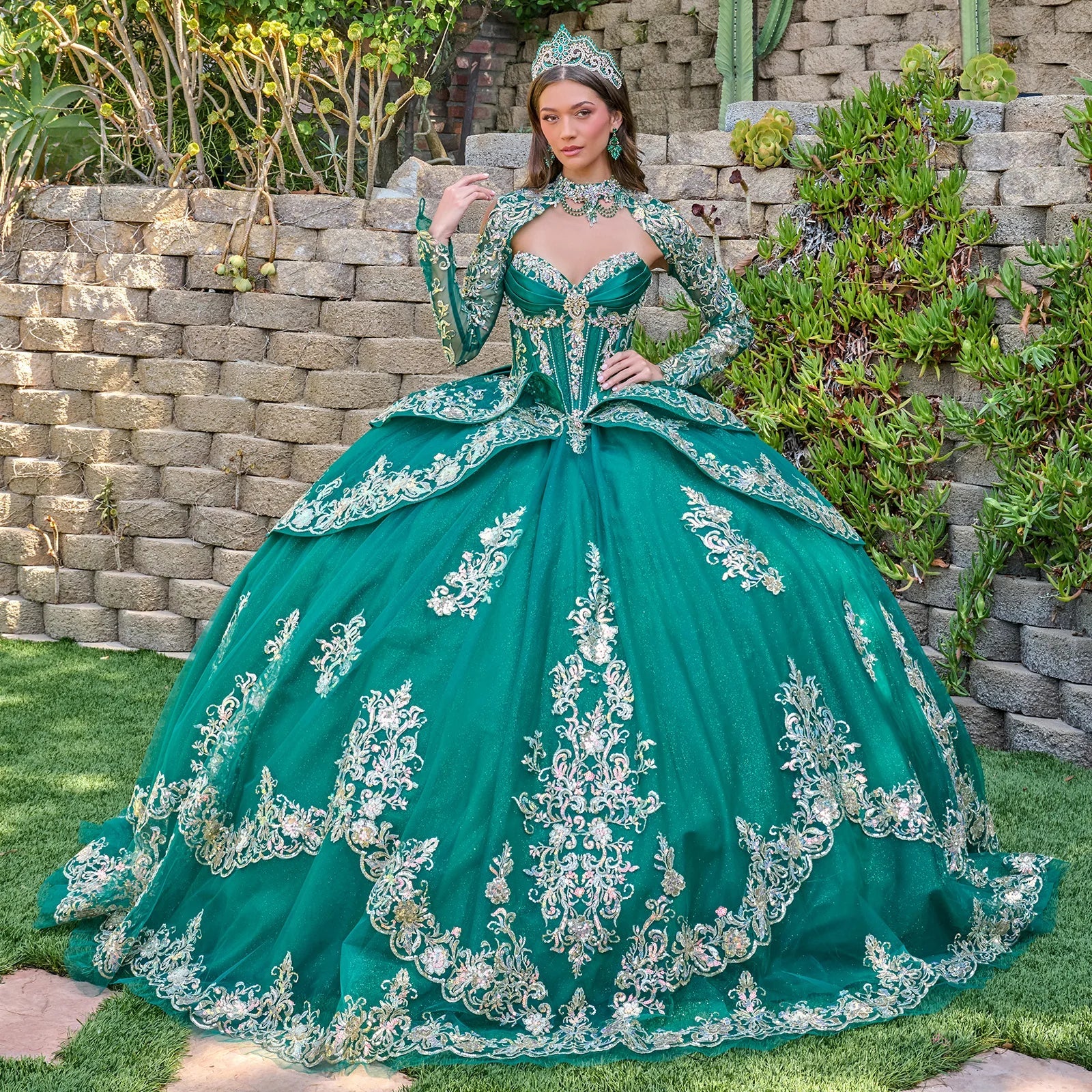 Strapless Pleated Bust Layered Overskirt Train Gown With Detachable Bow And Matching Bolero-2