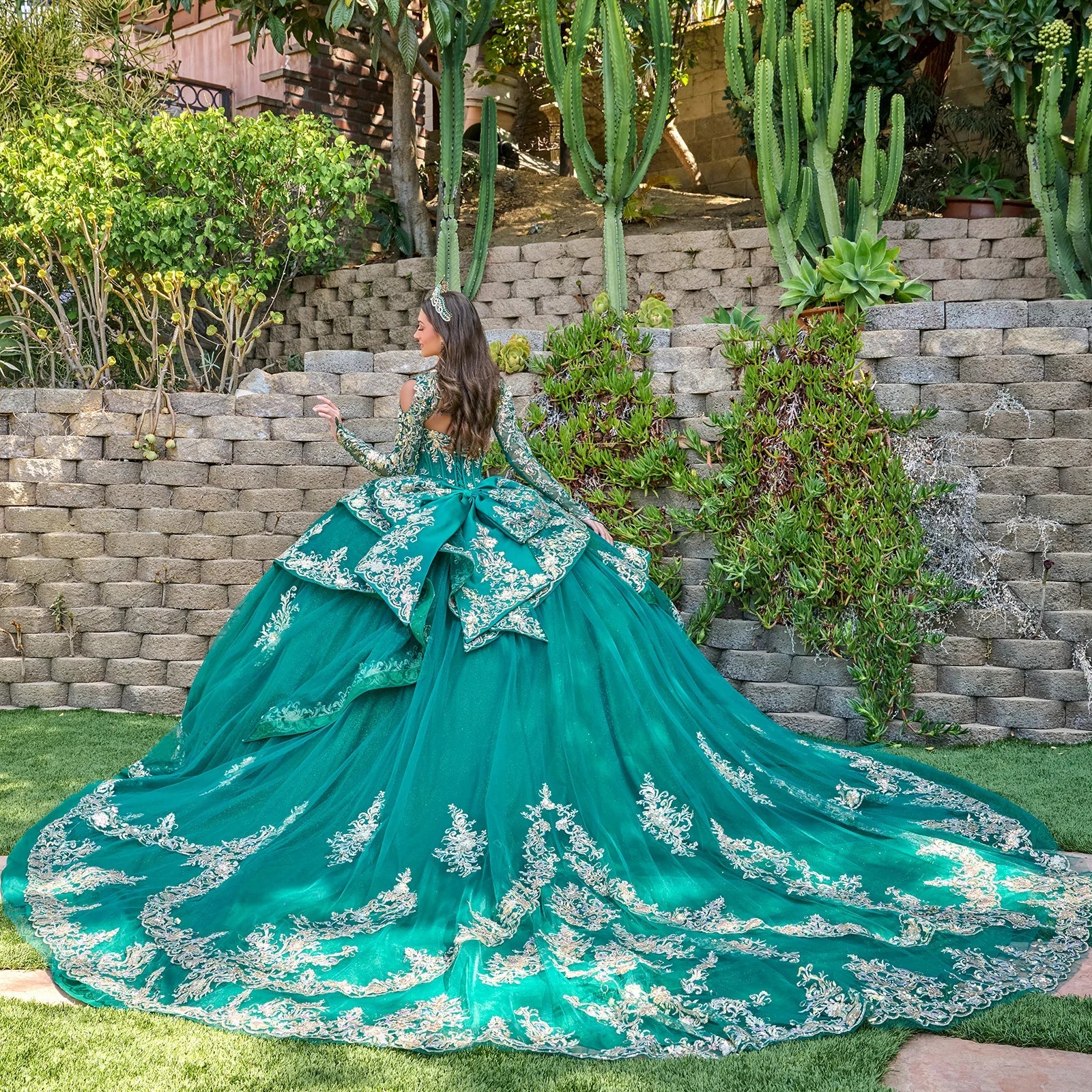 Strapless Pleated Bust Layered Overskirt Train Gown With Detachable Bow And Matching Bolero-3