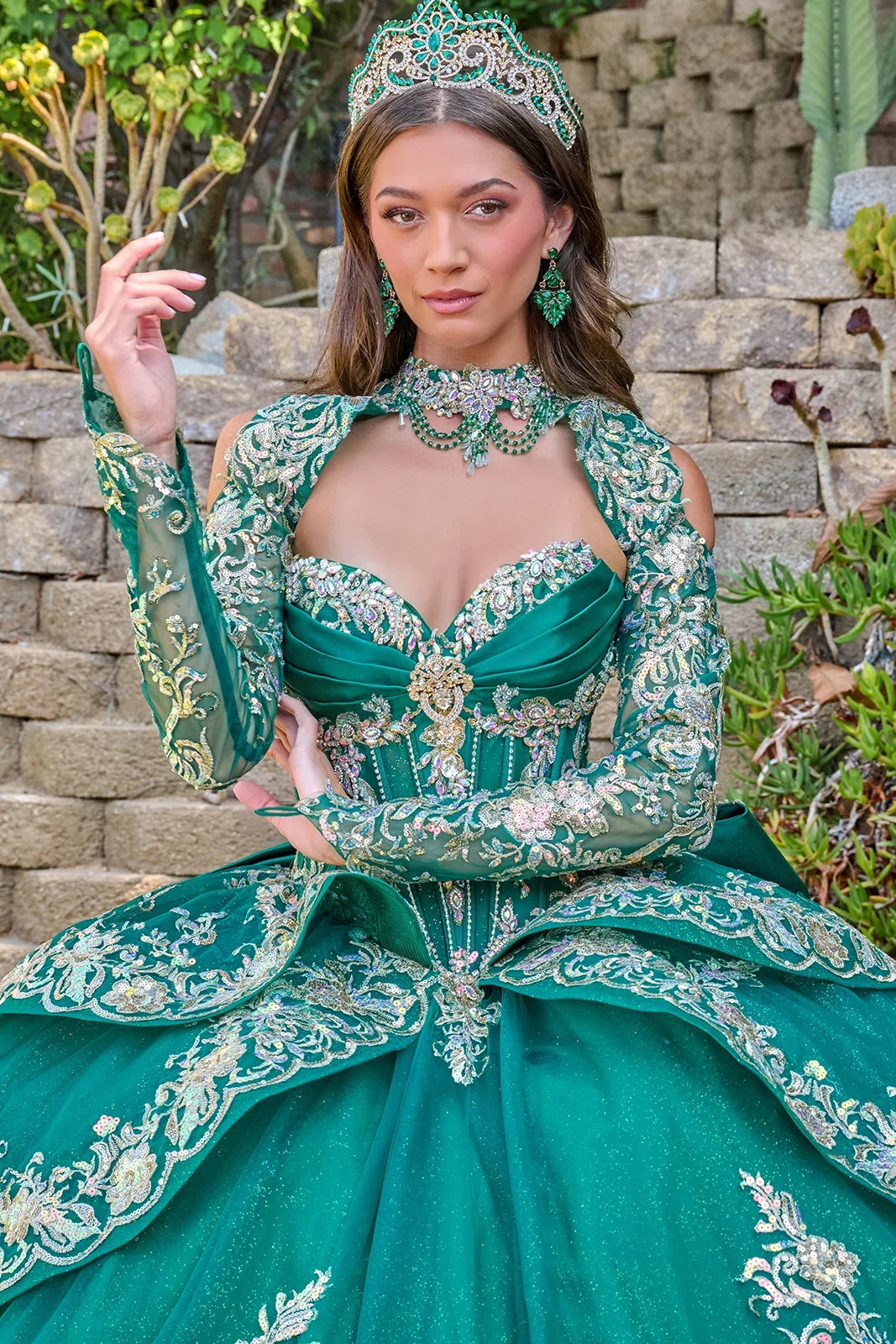 Strapless Pleated Bust Layered Overskirt Train Gown With Detachable Bow And Matching Bolero-4