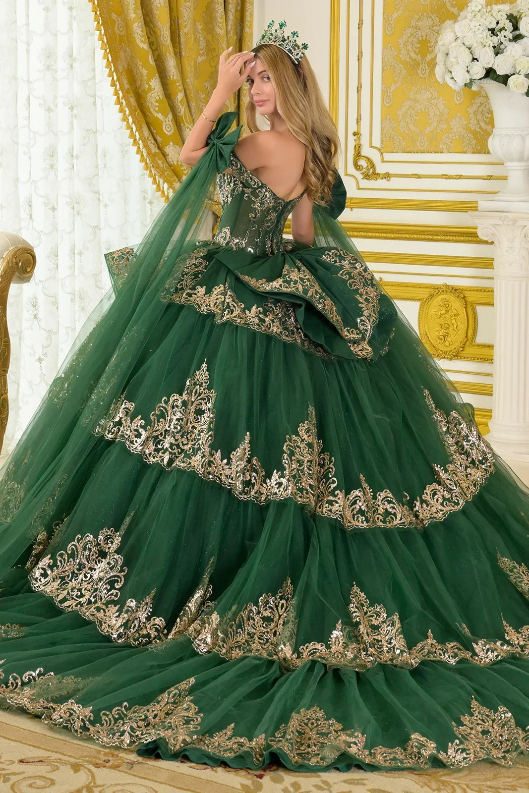 Straps With Detachable Bow Long Tails Cascading Ruffle Tiered Train Ball Gown Detachable Bow-1