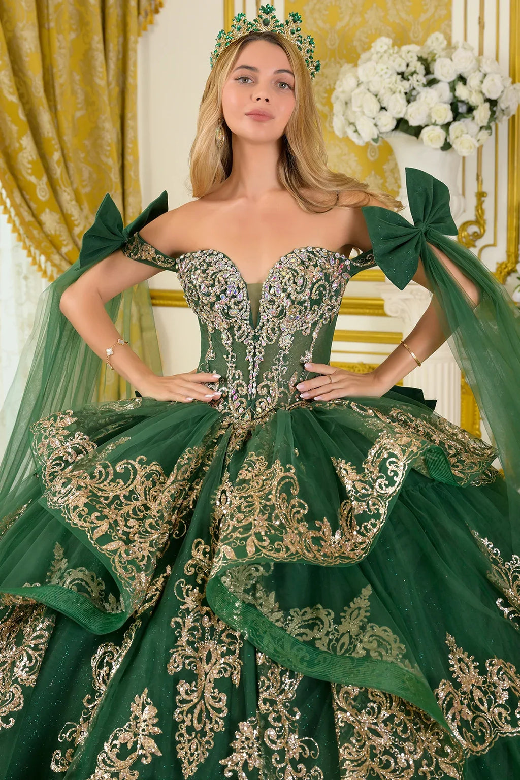 Straps With Detachable Bow Long Tails Cascading Ruffle Tiered Train Ball Gown Detachable Bow-3