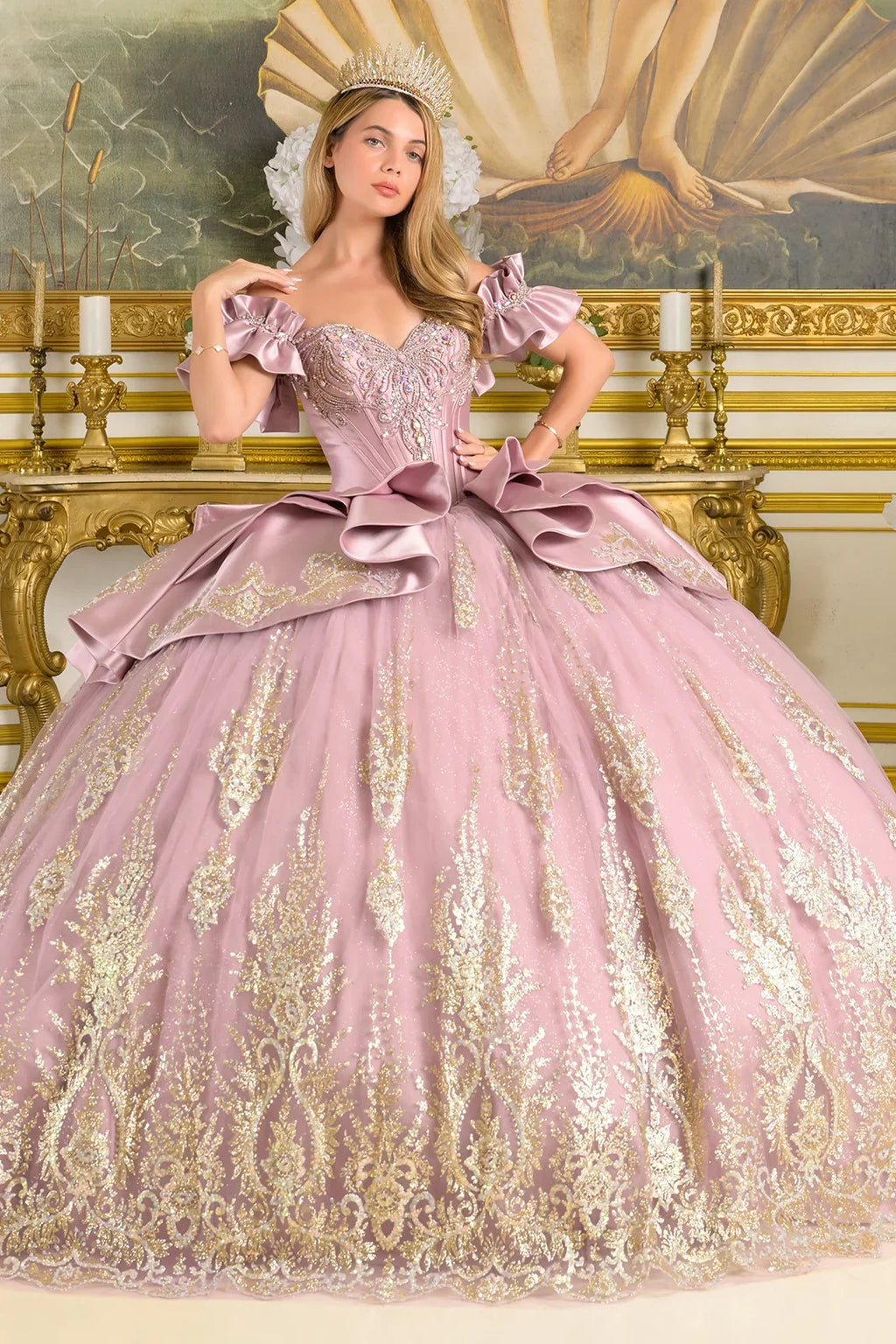 Off Shoulder Ruffle Cuff Sleeves Corset Train Ball Gown With Satin Ruffle Overskirt Detachable Bow-0