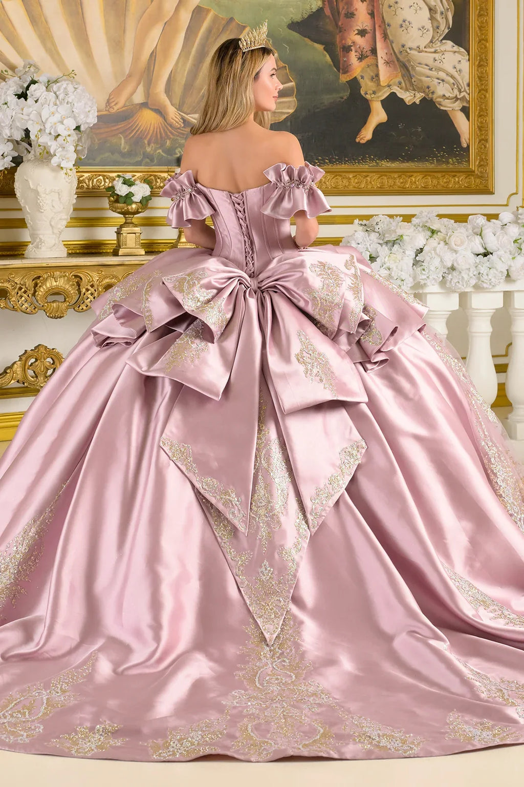 Off Shoulder Ruffle Cuff Sleeves Corset Train Ball Gown With Satin Ruffle Overskirt Detachable Bow-1
