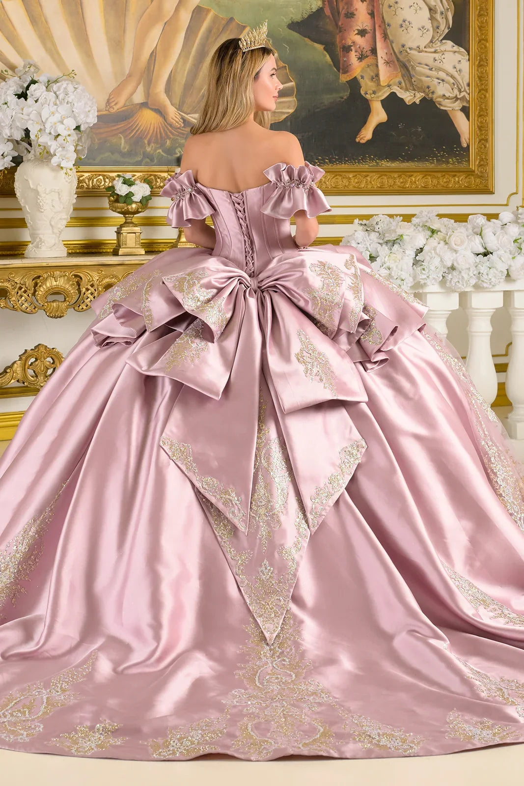 Off Shoulder Ruffle Cuff Sleeves Corset Train Ball Gown With Satin Ruffle Overskirt Detachable Bow-1