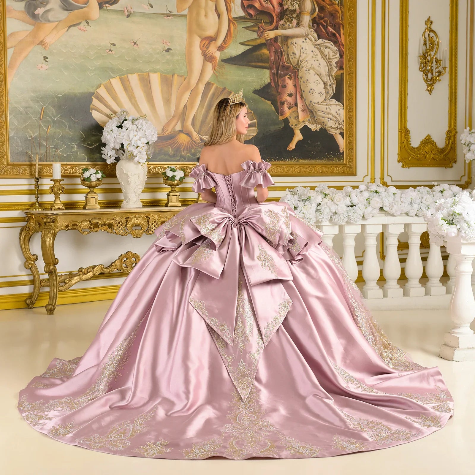 Off Shoulder Ruffle Cuff Sleeves Corset Train Ball Gown With Satin Ruffle Overskirt Detachable Bow-2