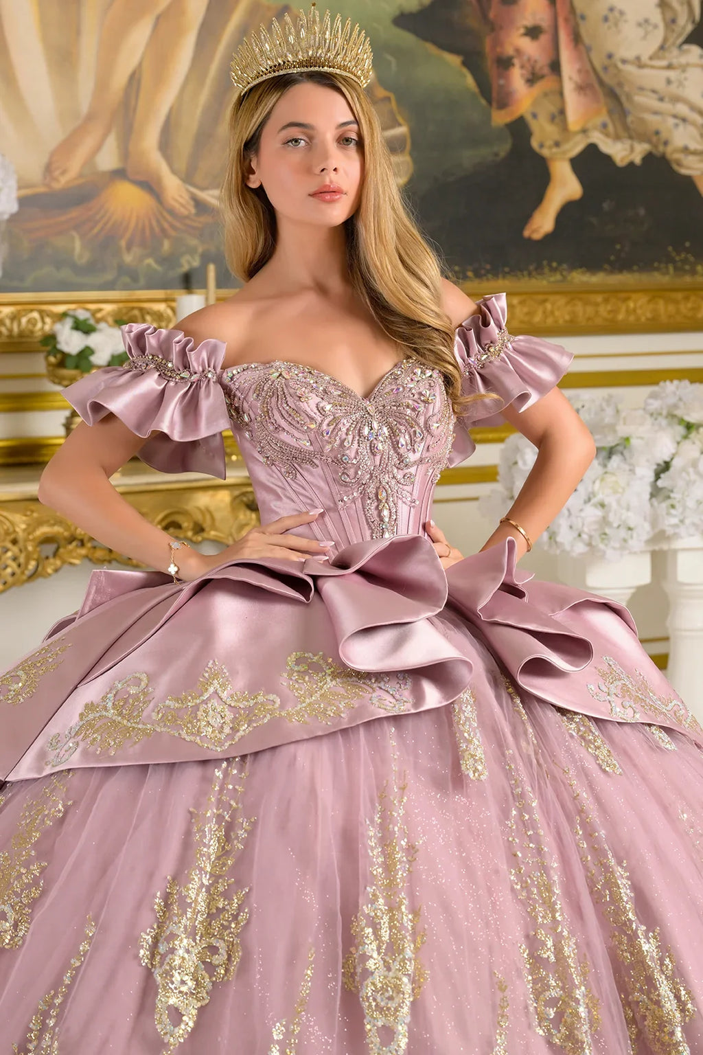 Off Shoulder Ruffle Cuff Sleeves Corset Train Ball Gown With Satin Ruffle Overskirt Detachable Bow-3