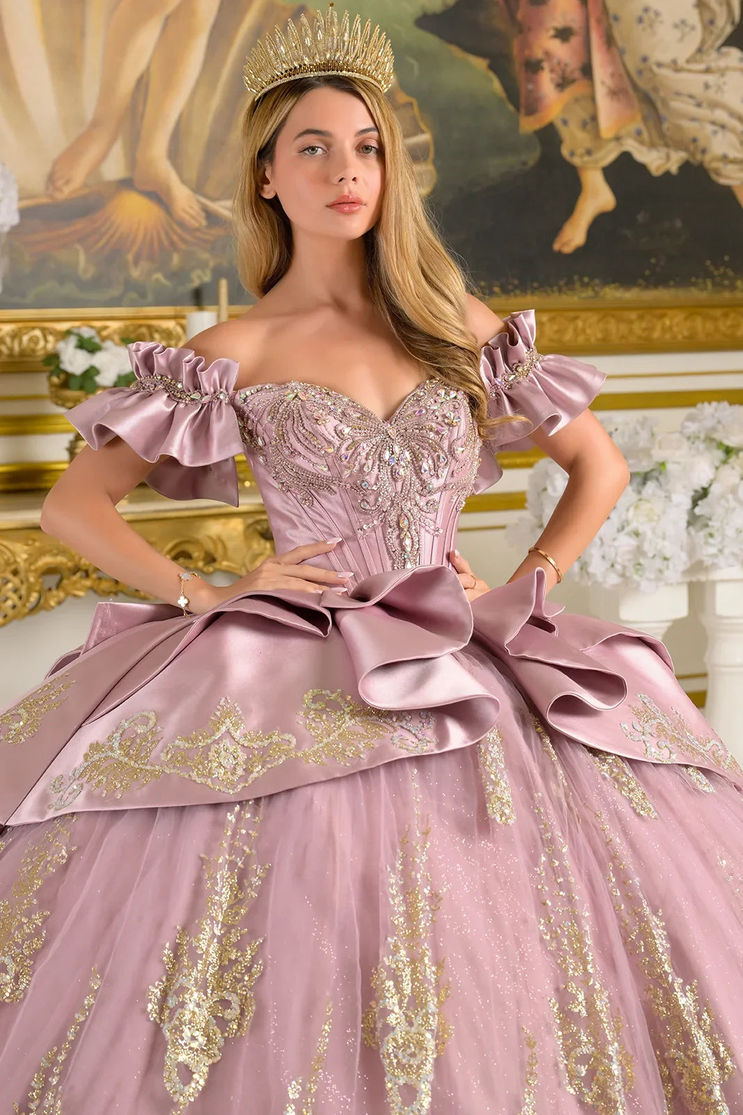 Off Shoulder Ruffle Cuff Sleeves Corset Train Ball Gown With Satin Ruffle Overskirt Detachable Bow-3