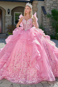 Attached Bow Spaghetti Straps Embellished Cascading Ruffle Train Gown-0
