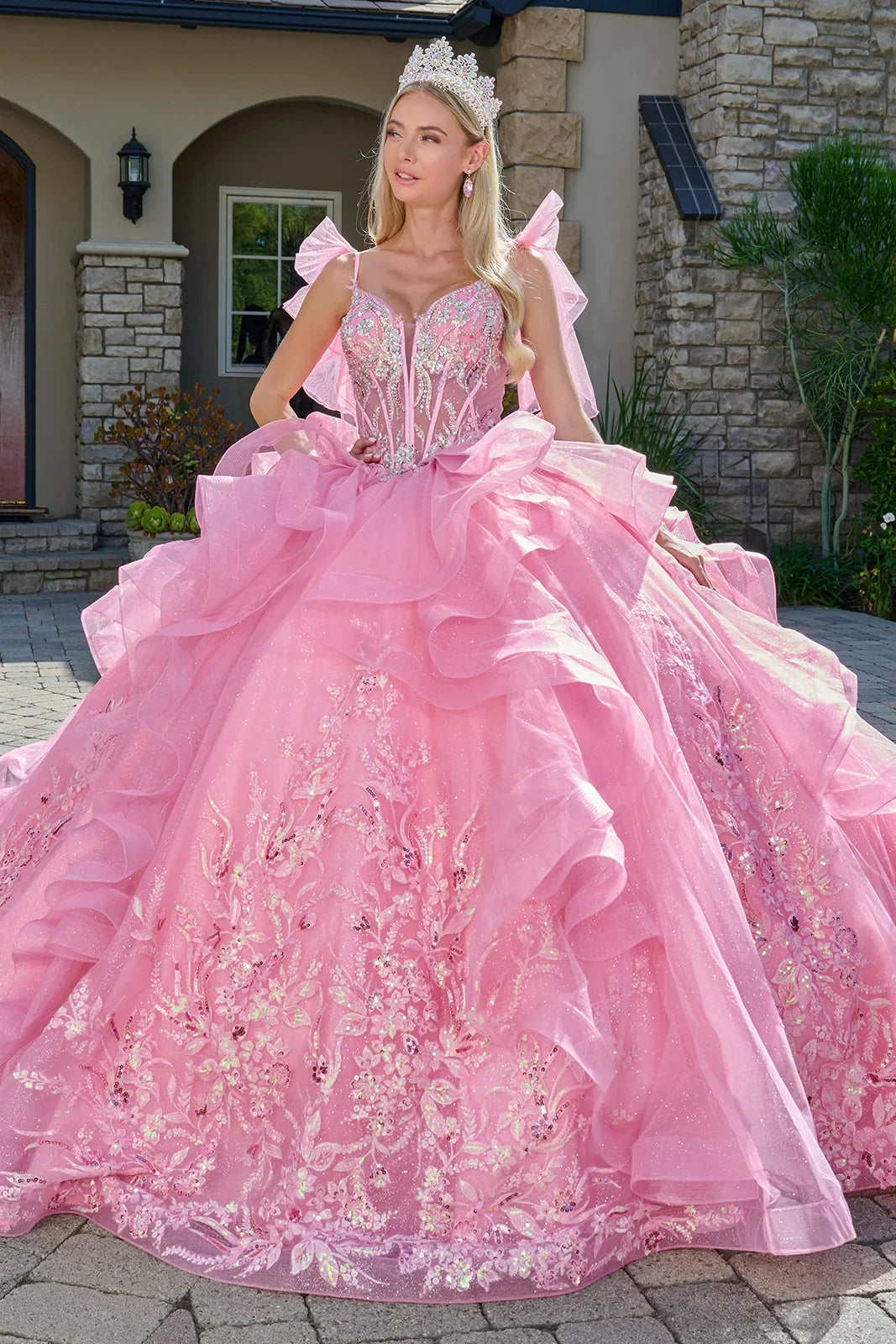Attached Bow Spaghetti Straps Embellished Cascading Ruffle Train Gown-0