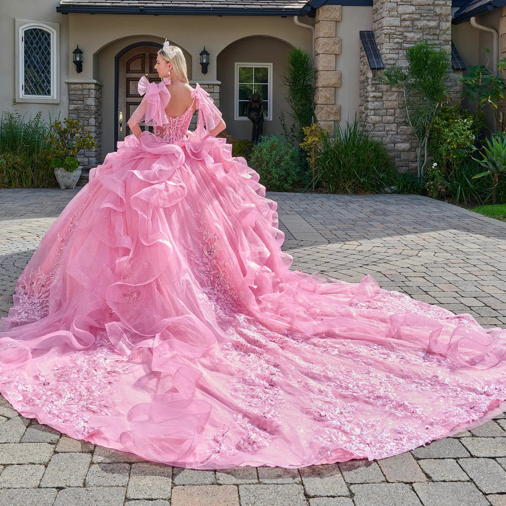 Attached Bow Spaghetti Straps Embellished Cascading Ruffle Train Gown-2