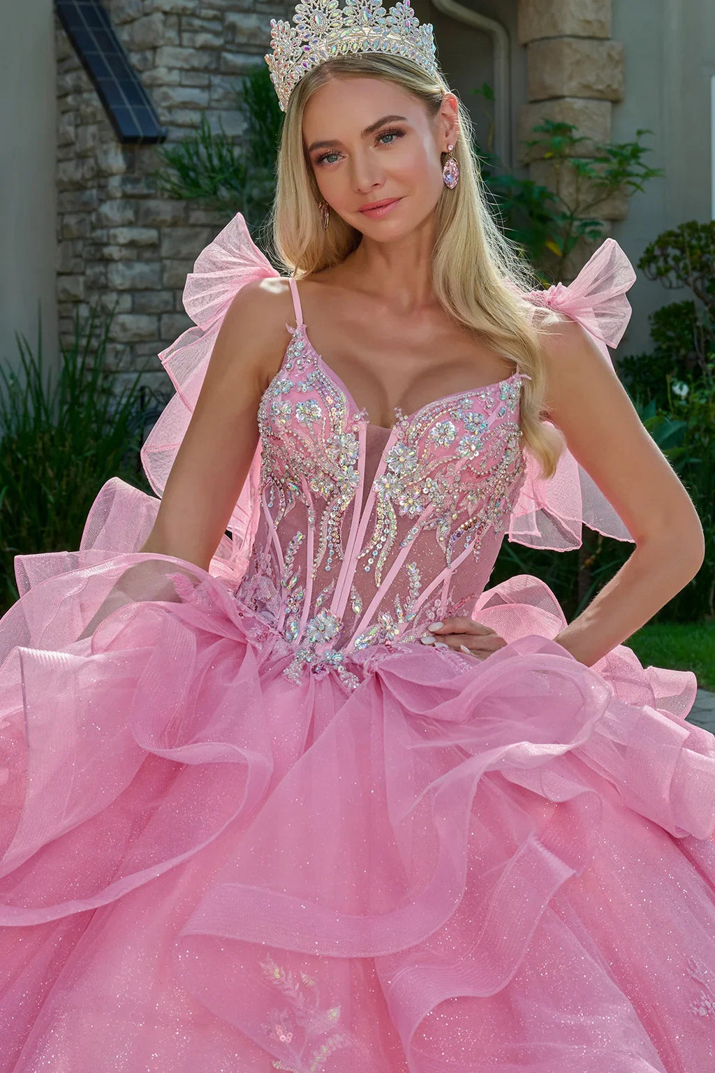 Attached Bow Spaghetti Straps Embellished Cascading Ruffle Train Gown-3