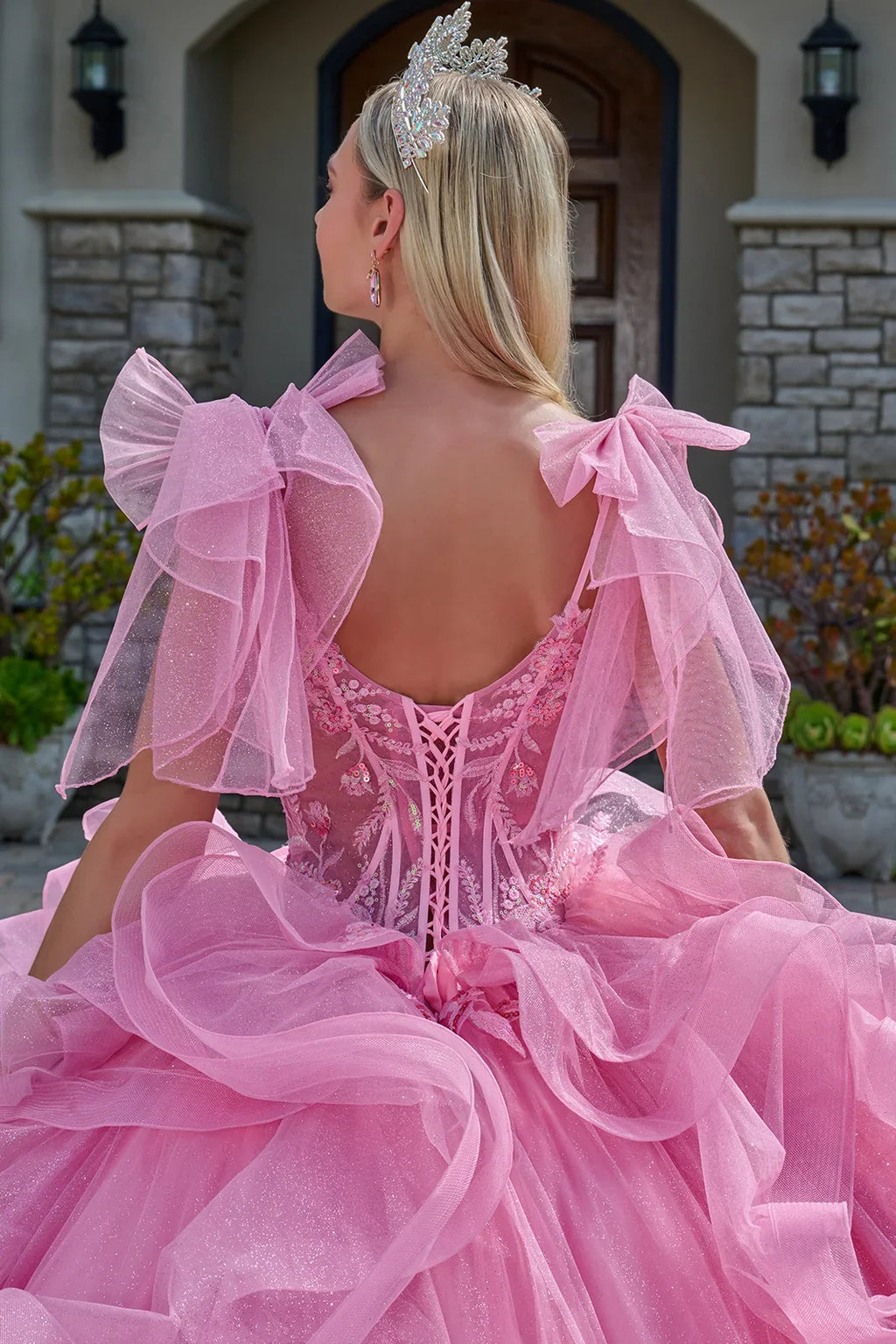 Attached Bow Spaghetti Straps Embellished Cascading Ruffle Train Gown-4
