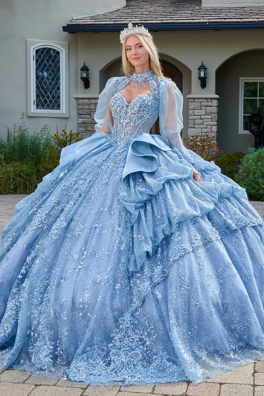 Strapless Bodice Satin Waist Ruffle Layered Bubble Hem Train Gown With Matching Long Sleeved Bolero-0