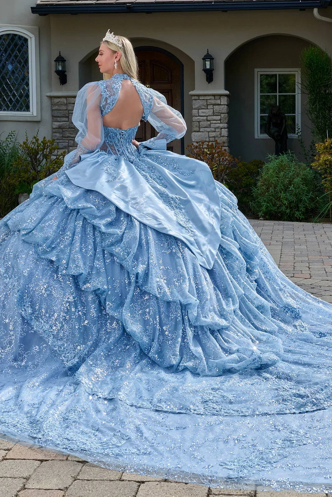 Strapless Bodice Satin Waist Ruffle Layered Bubble Hem Train Gown With Matching Long Sleeved Bolero-1