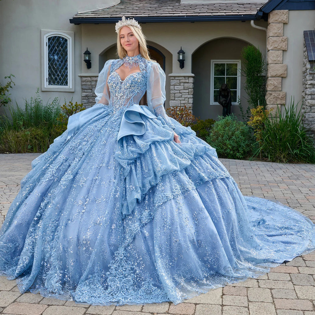 Strapless Bodice Satin Waist Ruffle Layered Bubble Hem Train Gown With Matching Long Sleeved Bolero-2
