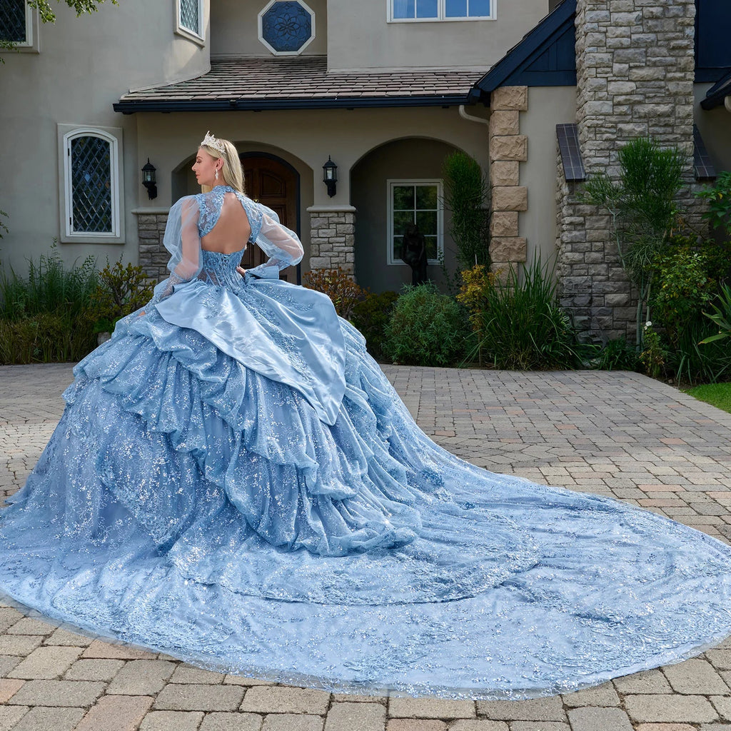 Strapless Bodice Satin Waist Ruffle Layered Bubble Hem Train Gown With Matching Long Sleeved Bolero-3
