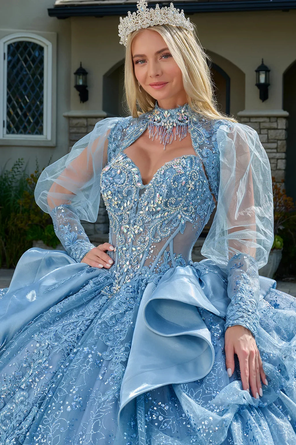 Strapless Bodice Satin Waist Ruffle Layered Bubble Hem Train Gown With Matching Long Sleeved Bolero-4