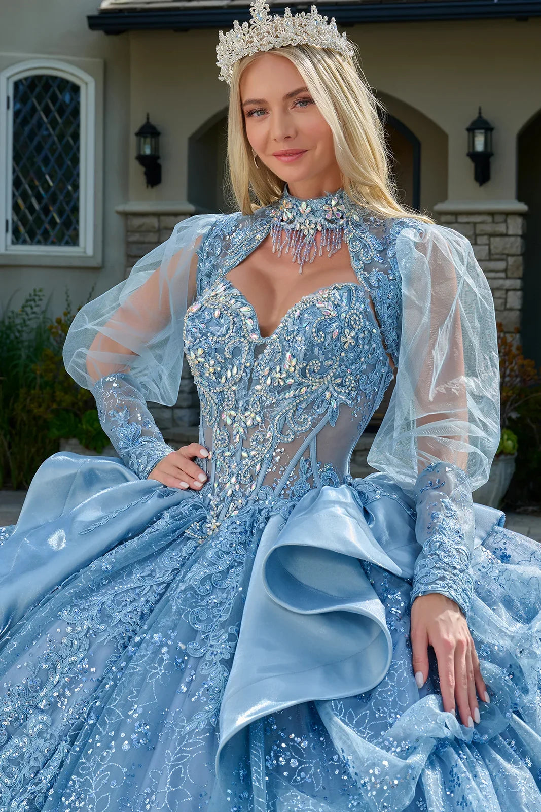 Strapless Bodice Satin Waist Ruffle Layered Bubble Hem Train Gown With Matching Long Sleeved Bolero-4