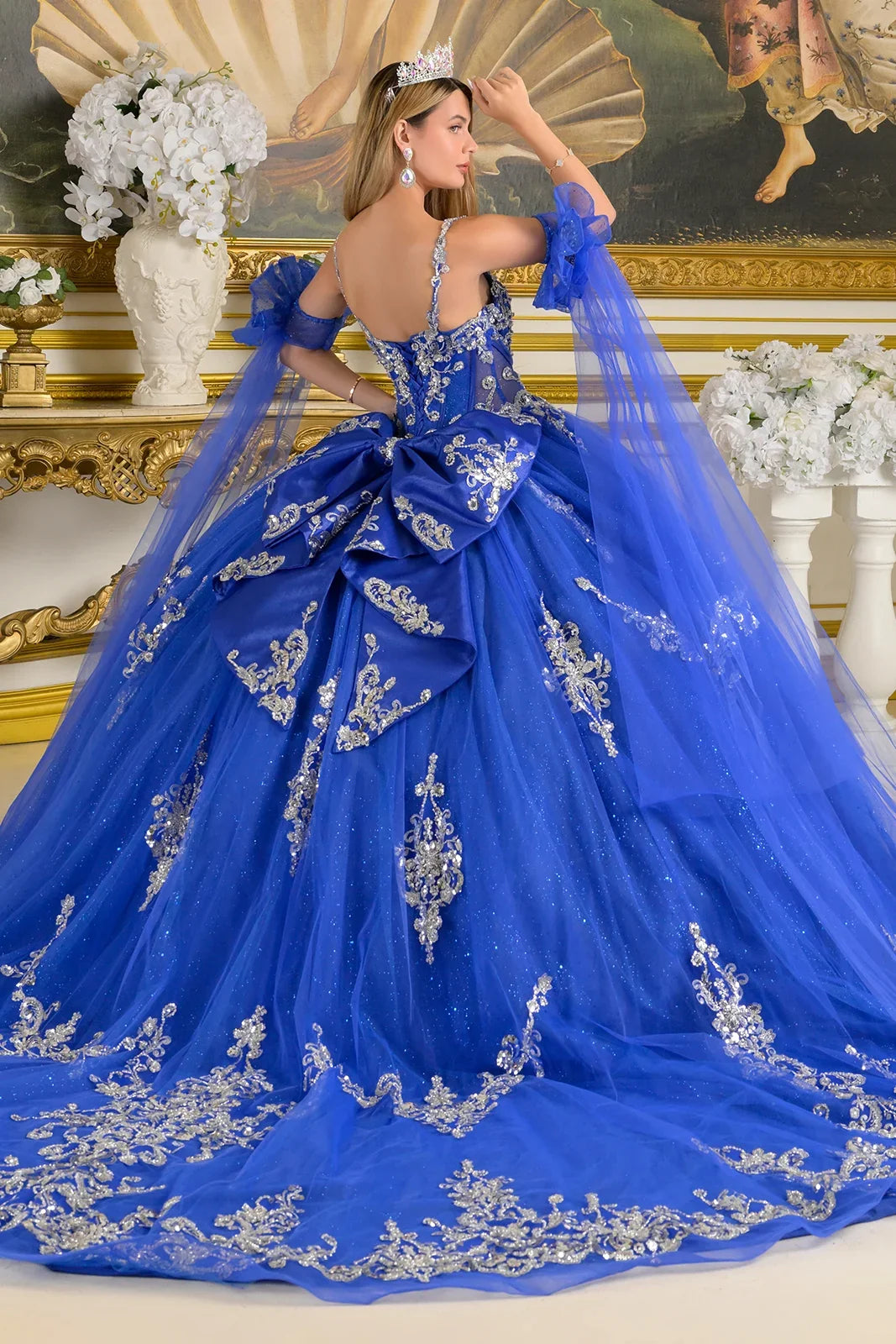 Embellished Thin Straps Detached Cuff Sleeves With Train Ball Gown Train With Detachable Bow-1