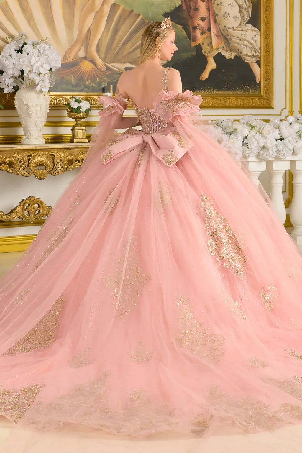 Spaghetti Straps Ruched Bodice Gown With Detachable Bow And Matching Detached Cuff Cape Sleeves-1