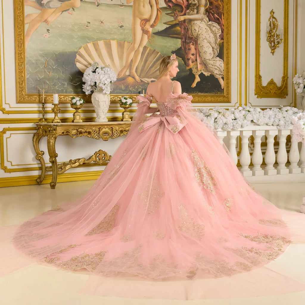 Spaghetti Straps Ruched Bodice Gown With Detachable Bow And Matching Detached Cuff Cape Sleeves-3
