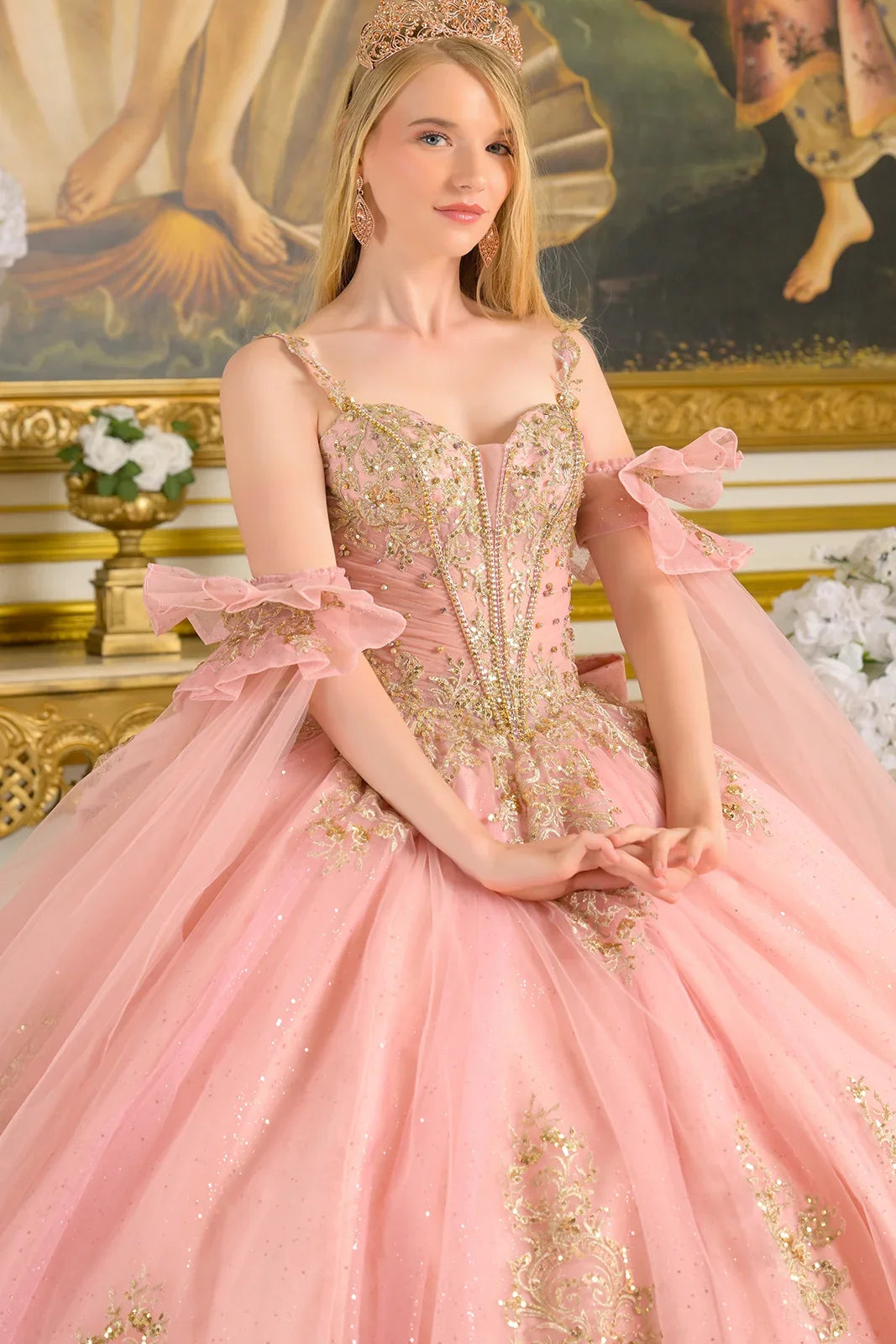 Spaghetti Straps Ruched Bodice Gown With Detachable Bow And Matching Detached Cuff Cape Sleeves-4