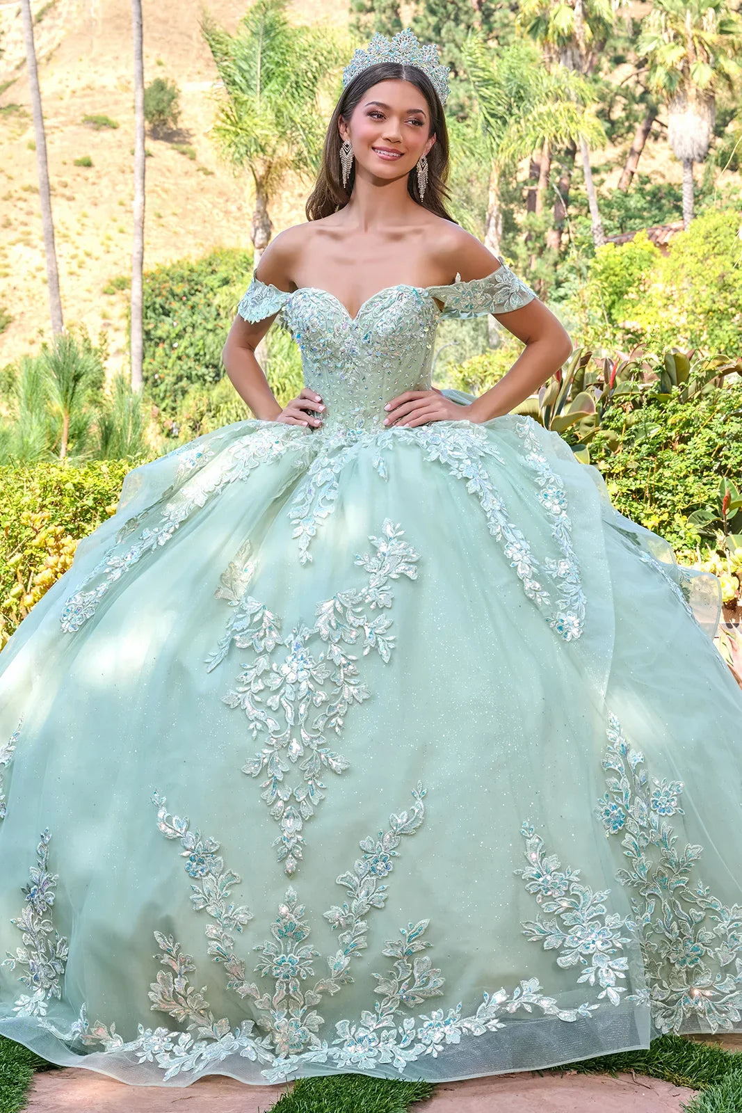 Off Shoulder V Neckline Corset Bodice Cascading Waist Ruffles Train Gown With Detachable Back Bow-0