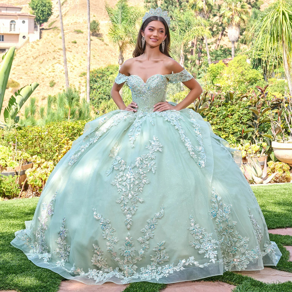Off Shoulder V Neckline Corset Bodice Cascading Waist Ruffles Train Gown With Detachable Back Bow-2