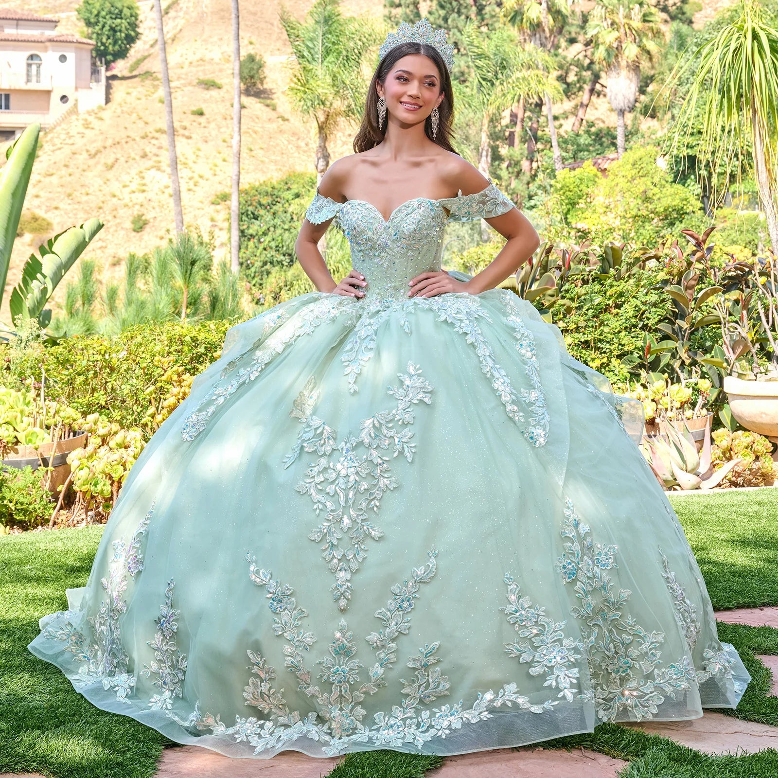 Off Shoulder V Neckline Corset Bodice Cascading Waist Ruffles Train Gown With Detachable Back Bow-2