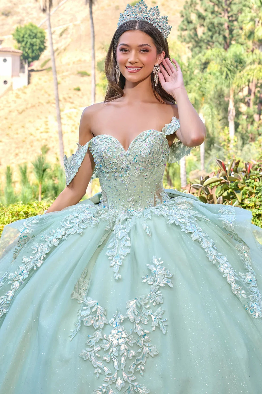 Off Shoulder V Neckline Corset Bodice Cascading Waist Ruffles Train Gown With Detachable Back Bow-4