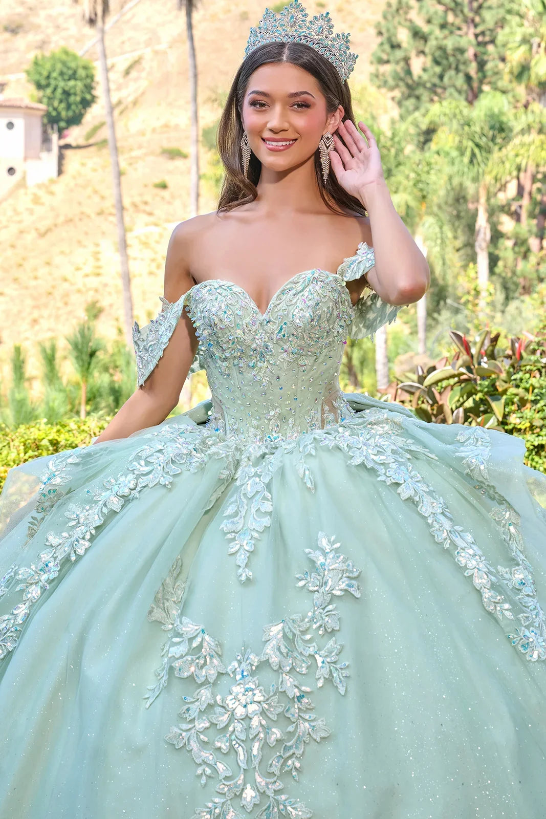 Off Shoulder V Neckline Corset Bodice Cascading Waist Ruffles Train Gown With Detachable Back Bow-4