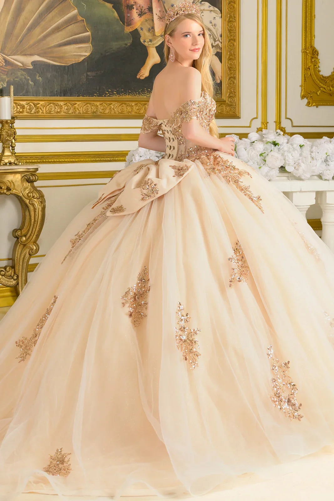 Off Shoulder Corset Bodice With Bejeweled Grommets Train Gown With Detachable Back Bow-1