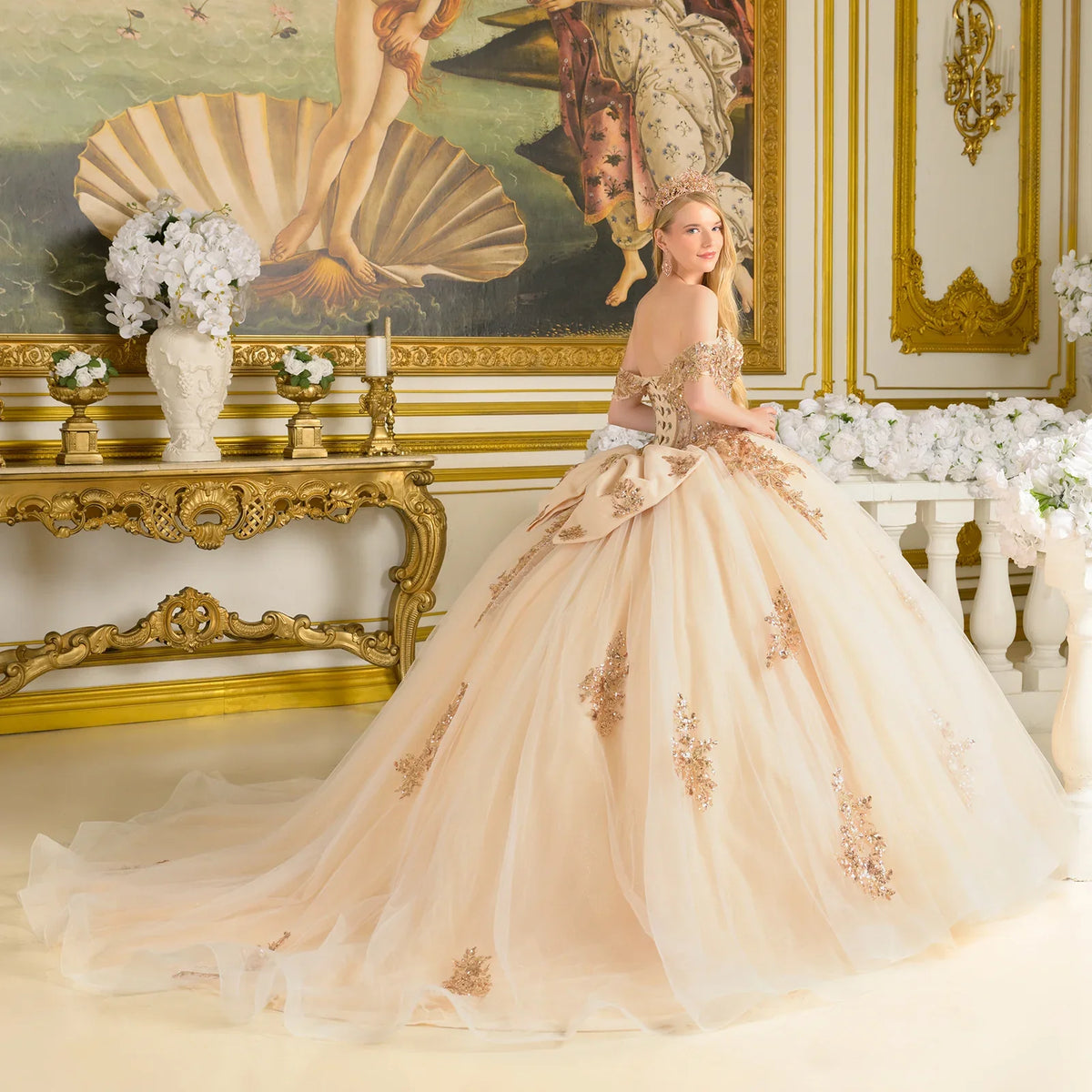Off Shoulder Corset Bodice With Bejeweled Grommets Train Gown With Detachable Back Bow-3