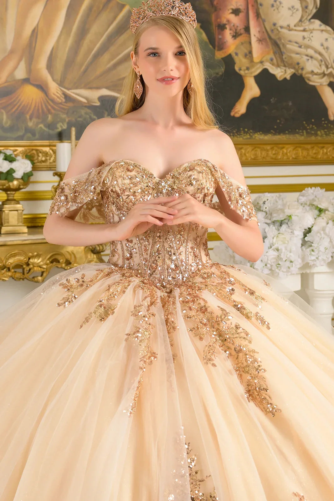 Off Shoulder Corset Bodice With Bejeweled Grommets Train Gown With Detachable Back Bow-4