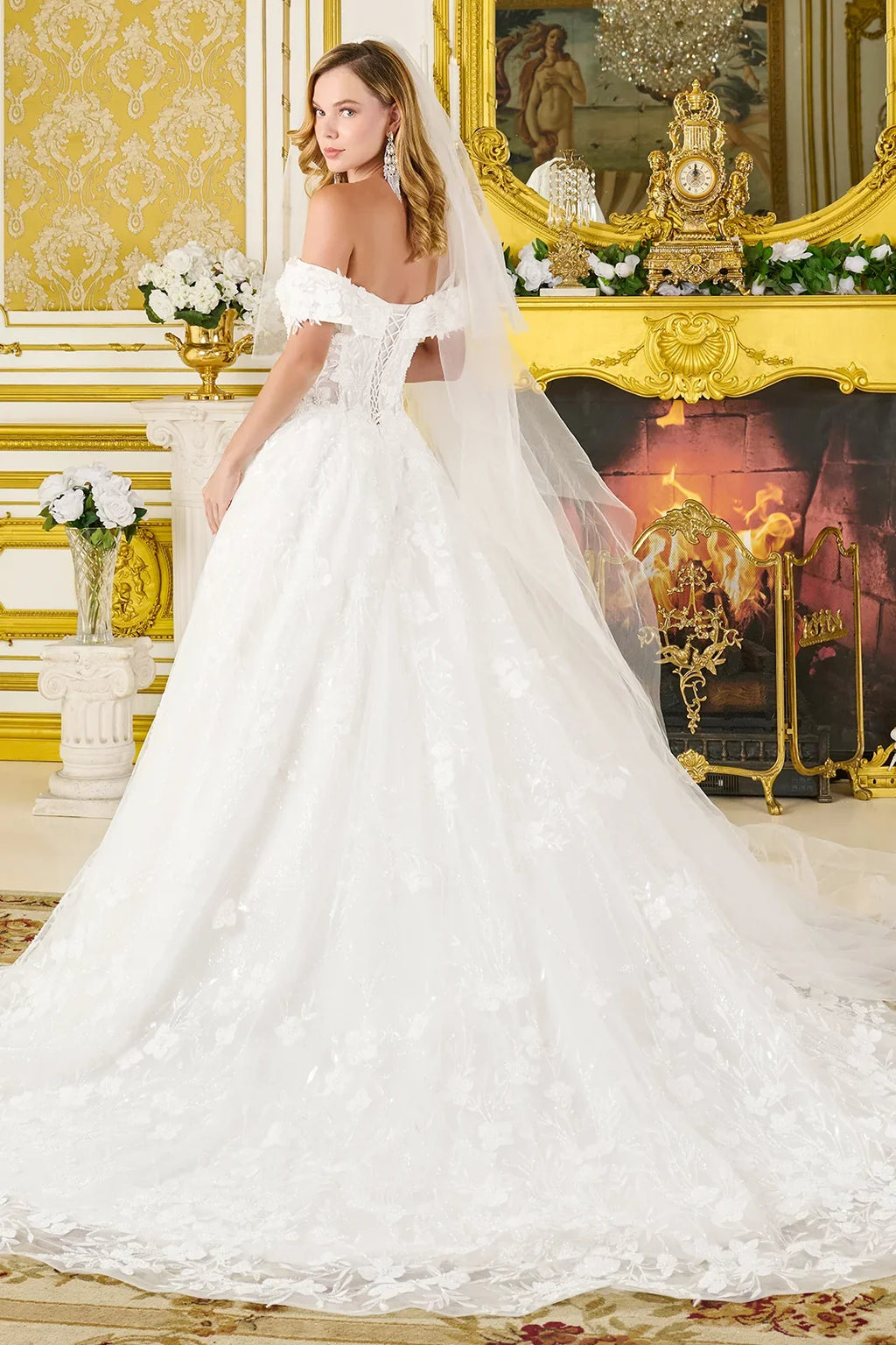 Wedding Dress Fold-Over Off-The-Shoulder Sleeves And V-Neckline-1
