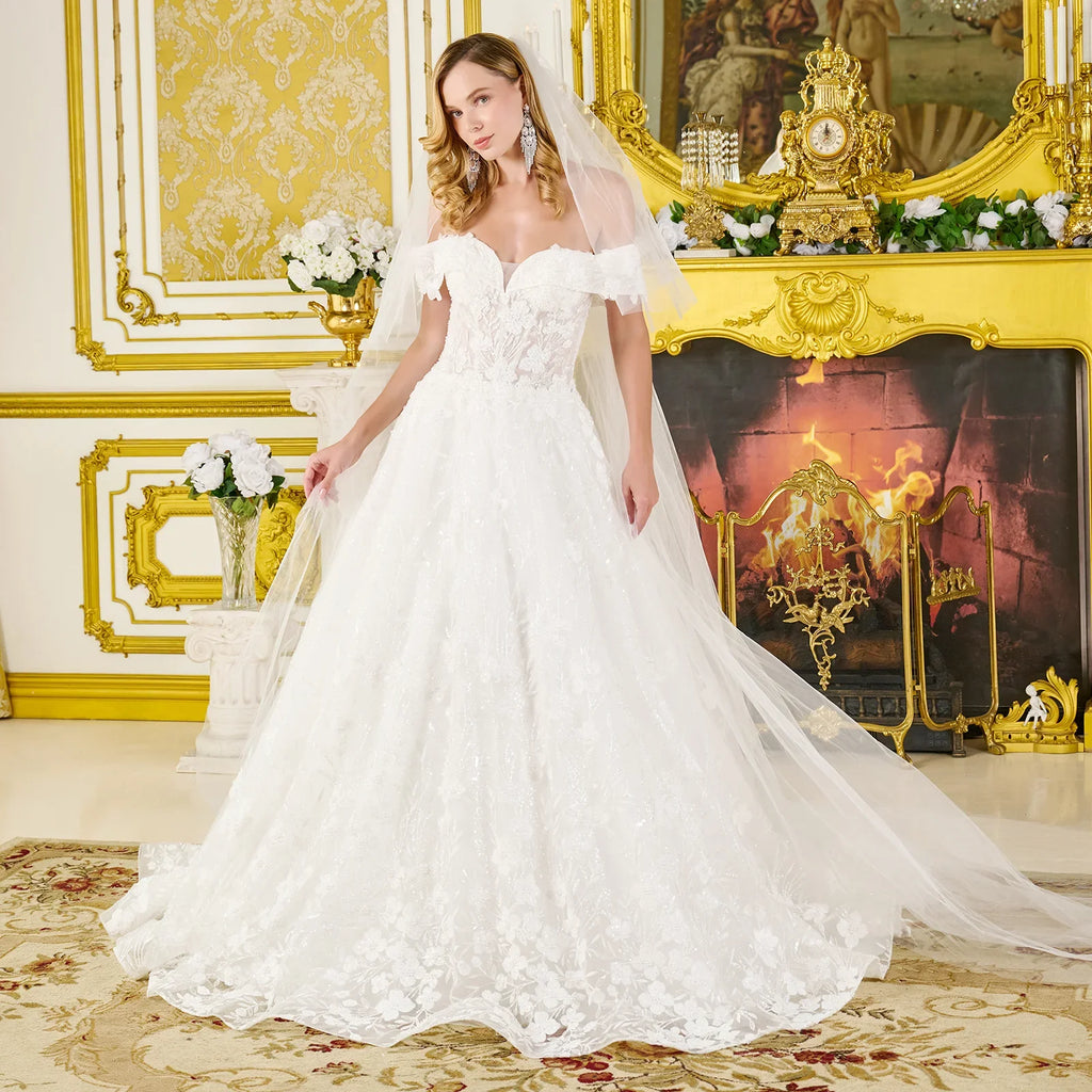 Wedding Dress Fold-Over Off-The-Shoulder Sleeves And V-Neckline-3
