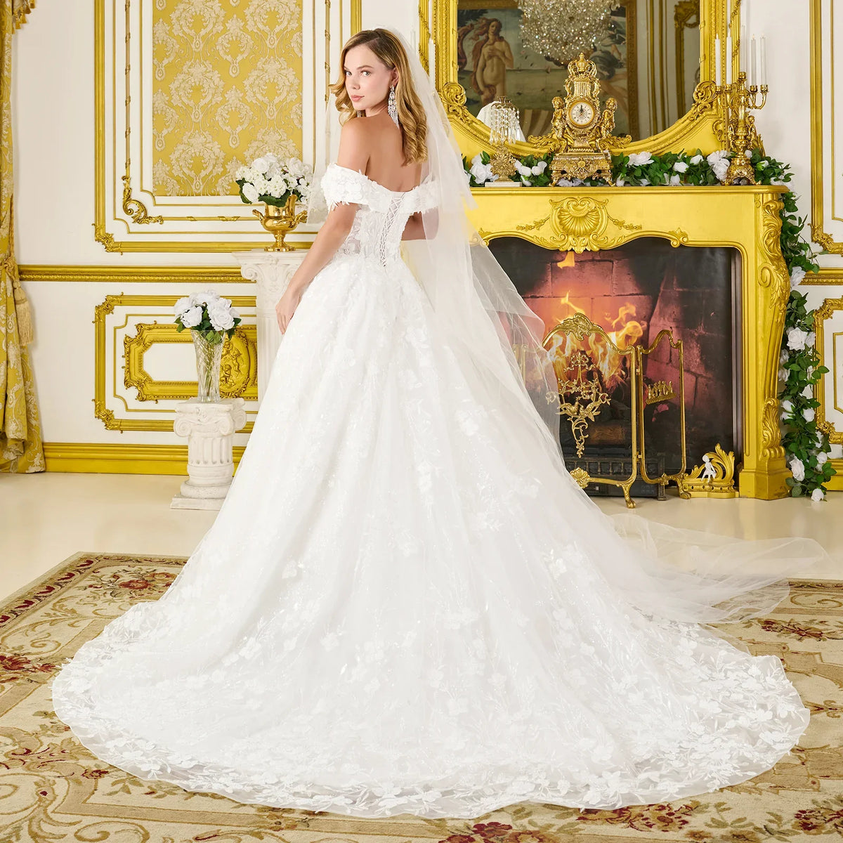 Wedding Dress Fold-Over Off-The-Shoulder Sleeves And V-Neckline-4