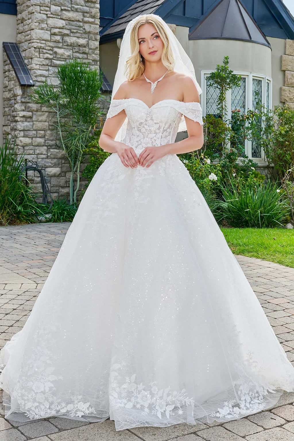 Wedding Dress With Embroidery, Sequins And Beads, A Glitter Underlayer And Off-The-Shoulder Straps-0