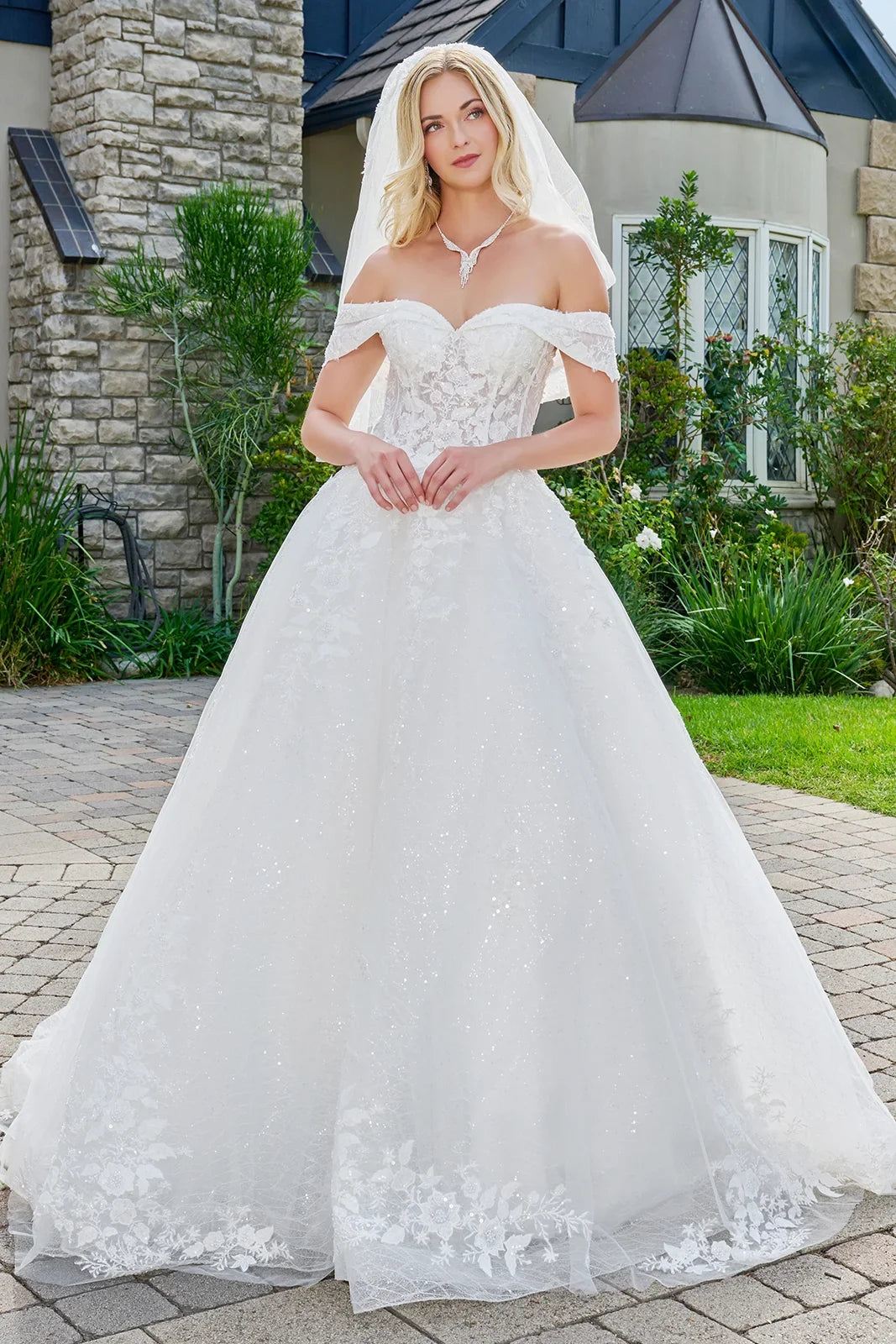 Wedding Dress With Embroidery, Sequins And Beads, A Glitter Underlayer And Off-The-Shoulder Straps-0