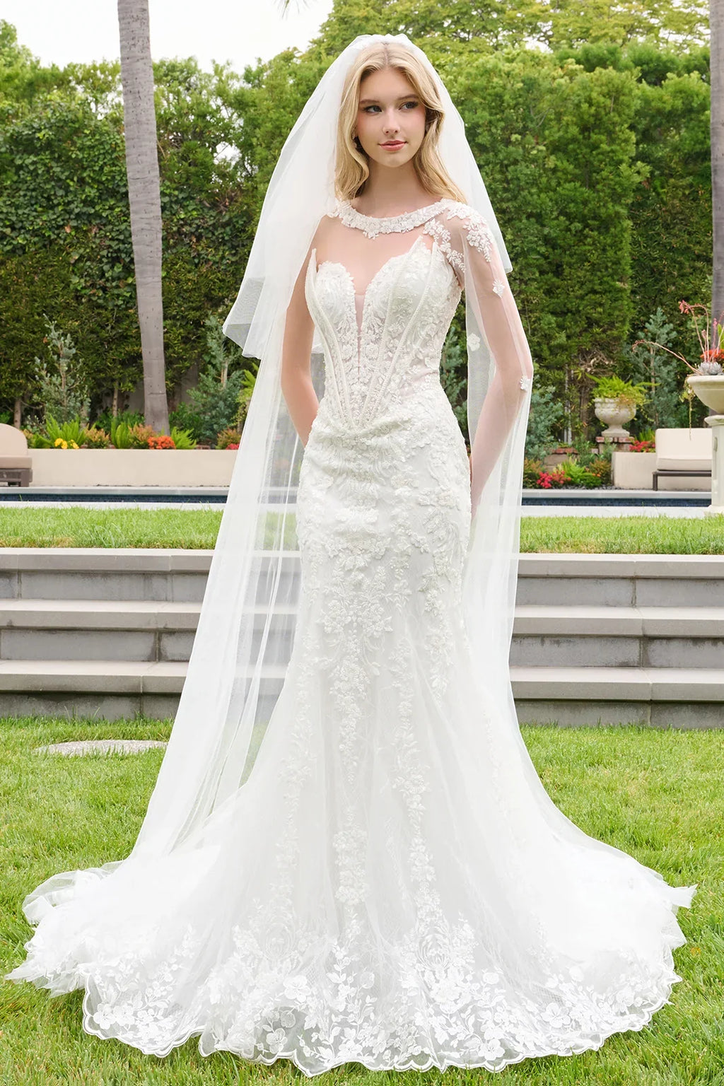 Strapless Two Flap Layered Corset Scallop Hem Wedding Dress With Detached Cape Sleeves And Veil-0