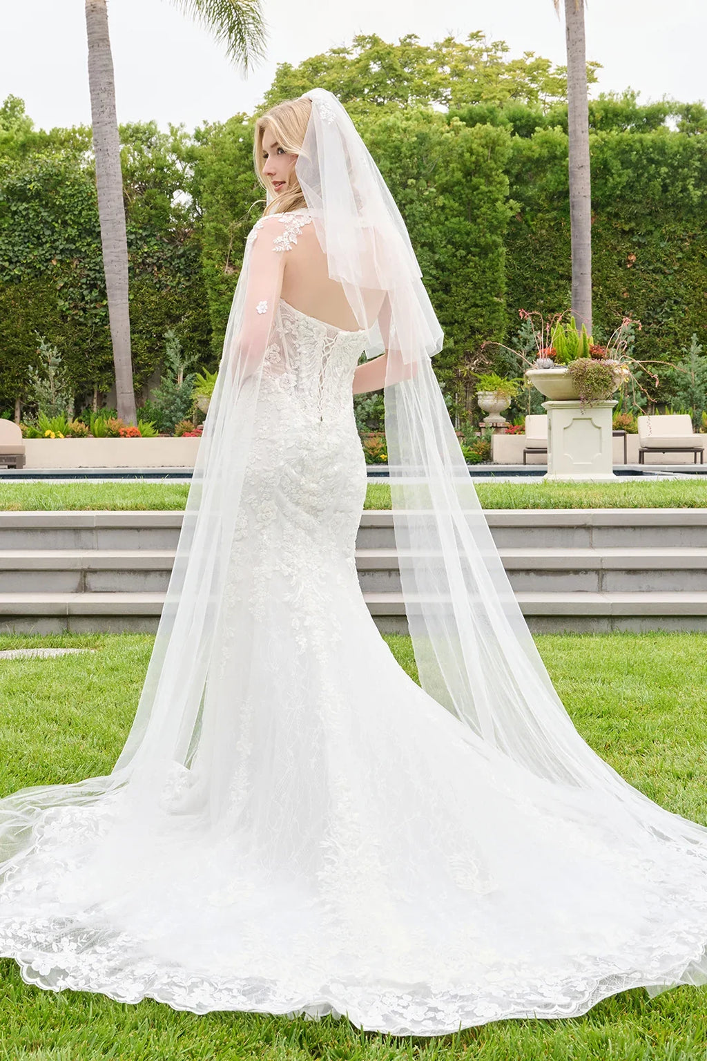 Strapless Two Flap Layered Corset Scallop Hem Wedding Dress With Detached Cape Sleeves And Veil-1