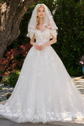 Two Layered Fold Over Off Shoulder V Neckline Glitter Underlayer Ballgown Wedding Dress With Veil-0