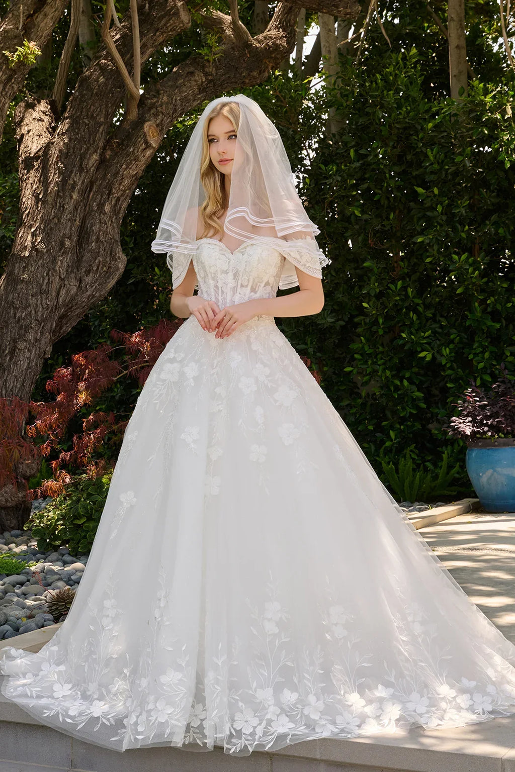 Two Layered Fold Over Off Shoulder V Neckline Glitter Underlayer Ballgown Wedding Dress With Veil-1